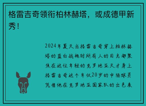 格雷吉奇领衔柏林赫塔，或成德甲新秀！