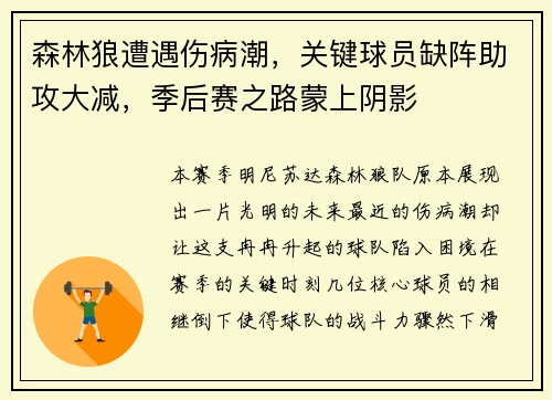 森林狼遭遇伤病潮，关键球员缺阵助攻大减，季后赛之路蒙上阴影